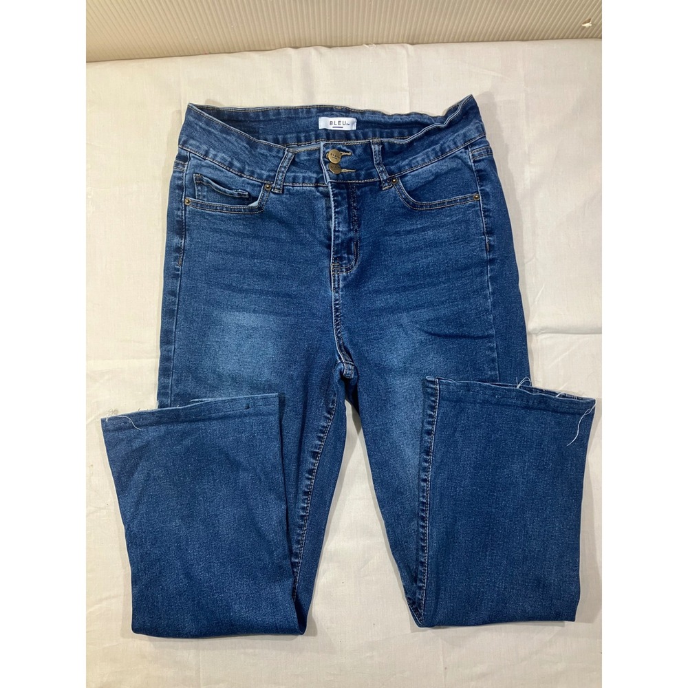 BLEU Womens High Rise Straight Leg Jeans Blue Size 12 Stretch Raw Hem YZ-306